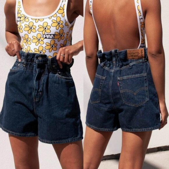 NEW GANNI‎ x Levis High Waisted Shorts Dark Indigo Blue Size 32 Paper Bag Waist - Picture 1 of 16